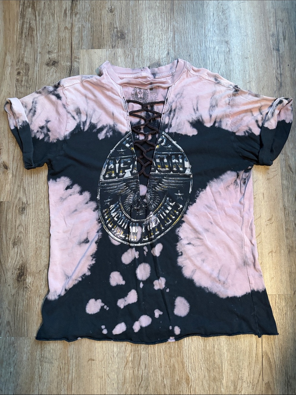 Affliction Pink and Black Lace-Up Tie-Dye Graphic Tee